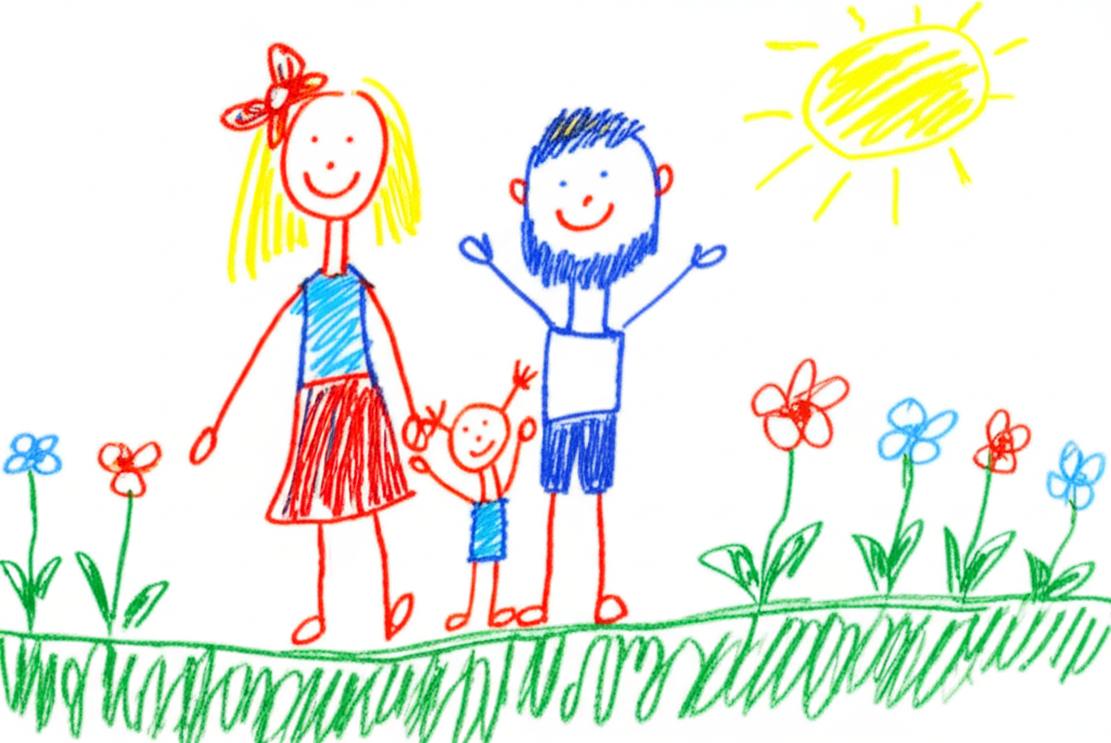 Child's crayon drawing of family stick figures with sun and house