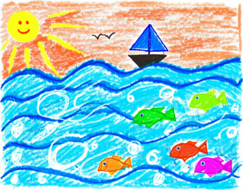 Kid's crayon drawing of ocean with fish and boat